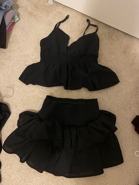 Black Ruffled Two-Piece Crop Top & Skirt Set